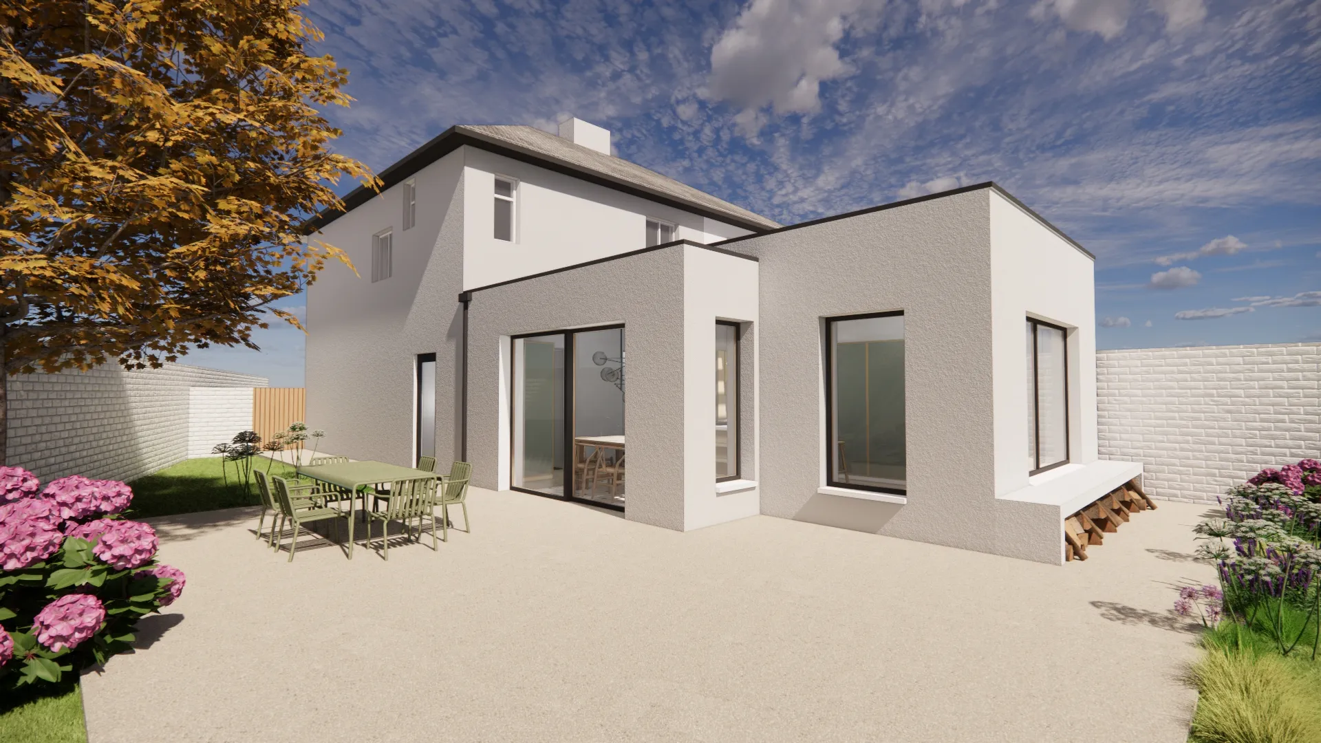 View of the proposed outside of the extension with paved deck
