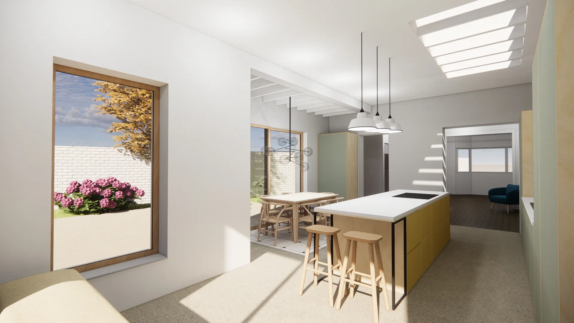 View of the kitchen from the window seat