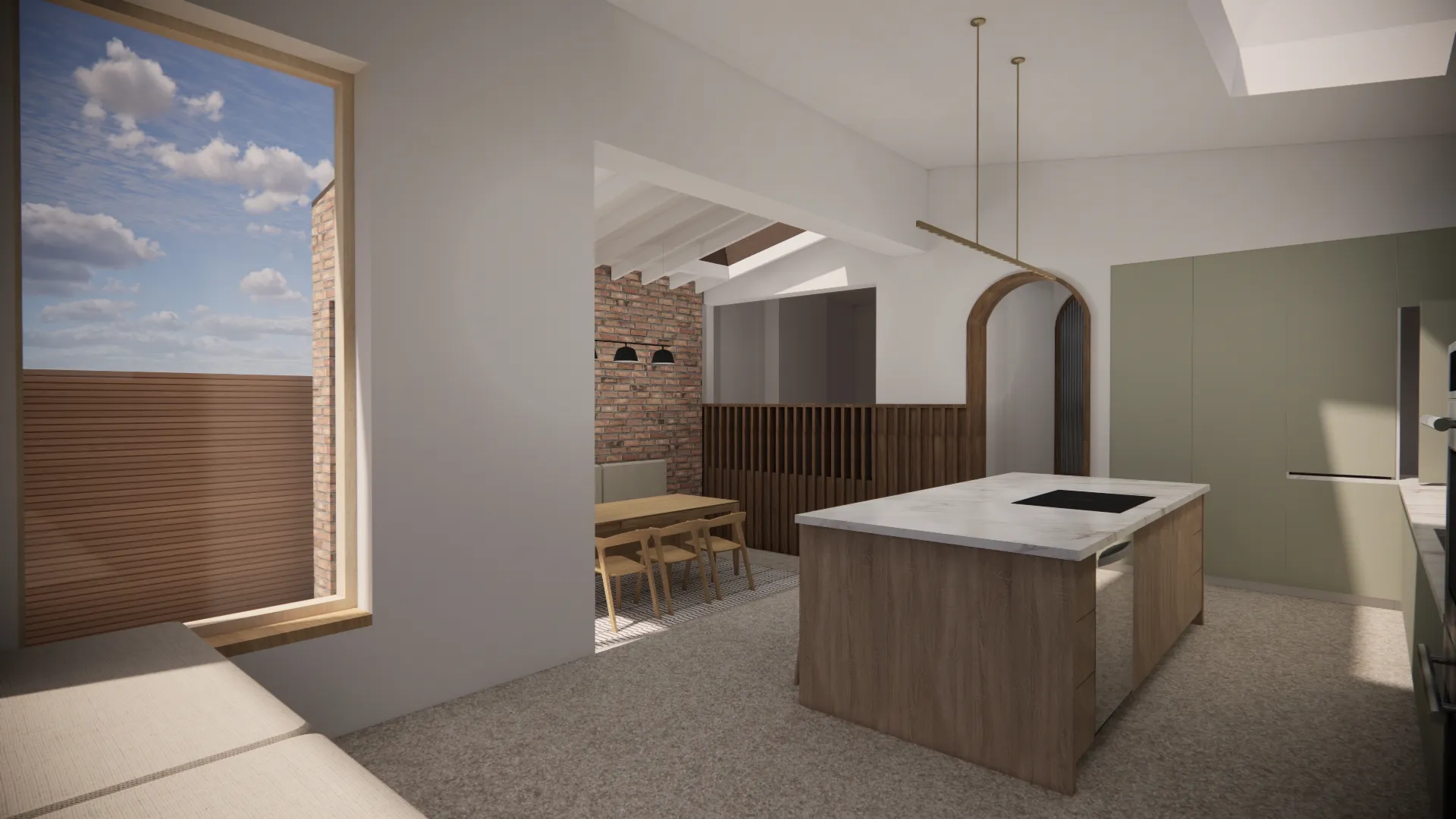 View of the kitchen/dining space from the window seat